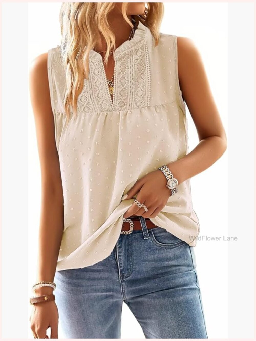 Womens Sleeveless Tank Top Bohemian Dressy Casual Flowy Swiss Dot Lace V Neck